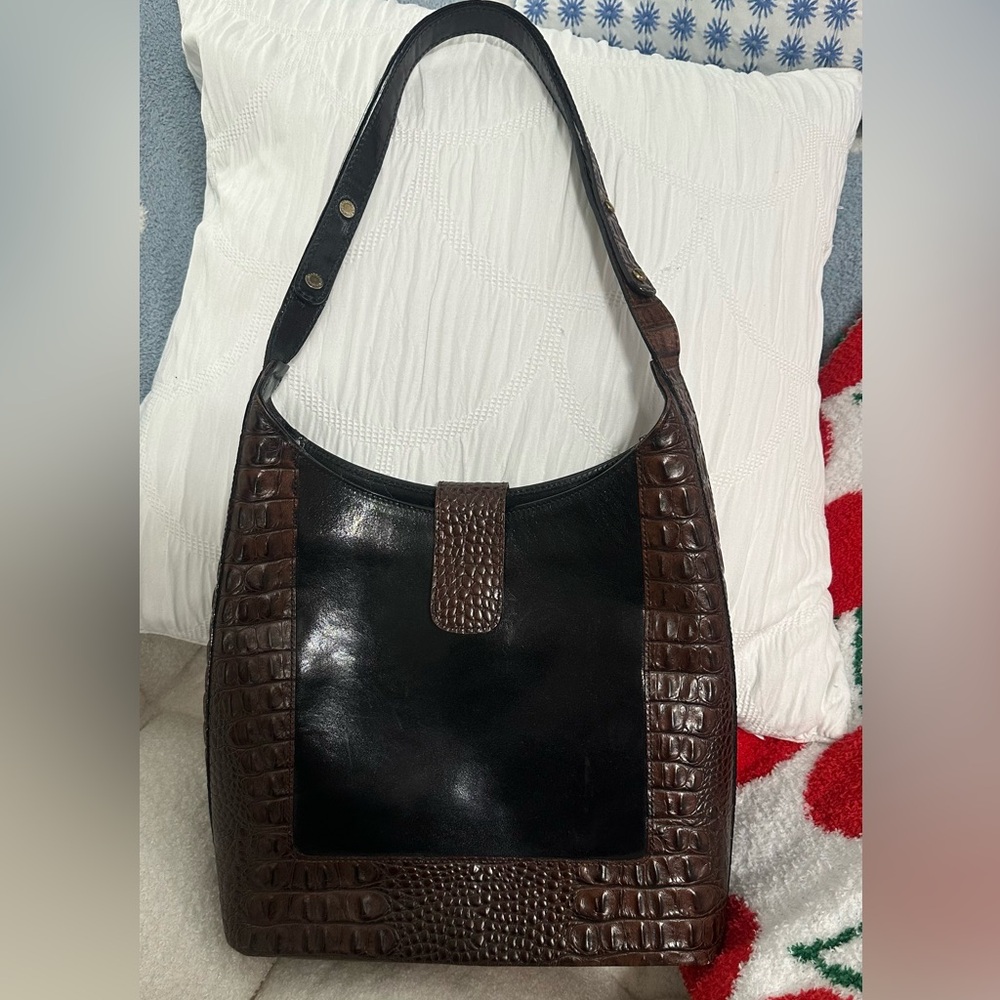 Black and Brown Croc-Embossed Shoulder Bag